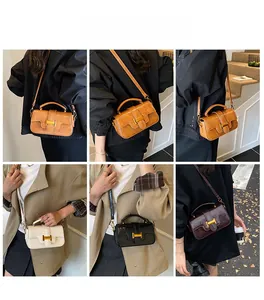 Collage of leather square handbags in various colors shown with different outfits