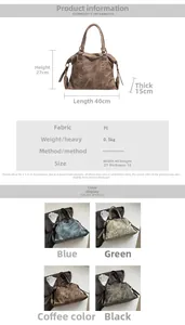 Detailed size guide and material specs for the large capacity studded tote bag in four colors