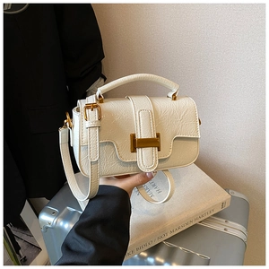 Detail of cream pleated crossbody bag with gold buckle resting on a book and luggage