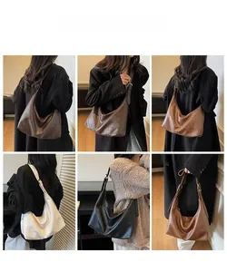 Multiple views of large vintage hobo bags in various colors on models for daily commute