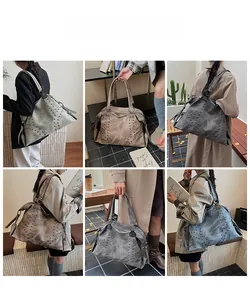 Detailed views of high-capacity tote bag with metal rivets in multiple retro colors
