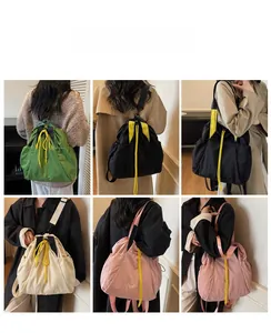 Models wearing colorful waterproof nylon drawstring tote bags in multiple casual styles