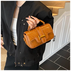 Close-up of caramel square handbag featuring glossy pleated texture and golden H-buckle