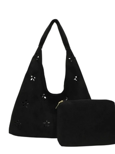 Black hollowed-out suede tote bag set with floral laser-cut pattern and matching pouch