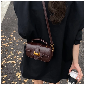 Detail of dark brown leather handbag with glossy texture and gold rectangular buckle