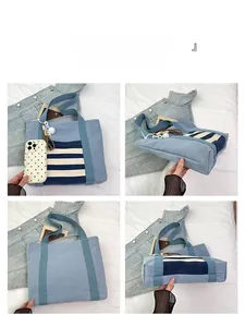 Detailed views of light blue striped canvas tote bag showing base and strap angles
