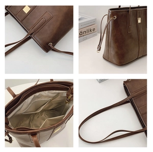 Detailed views of vintage brown faux leather tote bag with internal pockets and zipper