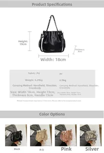 Detailed size chart and multi-color view of stylish PU leather bucket bag with chain strap