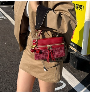 Detail of red tweed and leather mini suitcase bag with decorative cherry charms