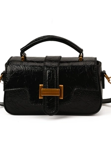 Retro black wrinkled patent leather crossbody bag with a gold rectangular metal buckle