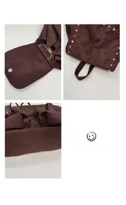 Detail showing the magnetic flap, drawstring closure, and metal studs on the brown suede backpack