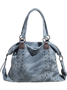 Retro large capacity denim blue tote bag with silver studs and brown leather handles