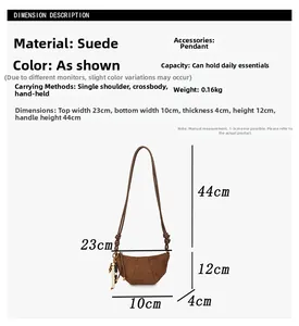 Detailed size specifications for the brown faux suede crescent-shaped crossbody bag
