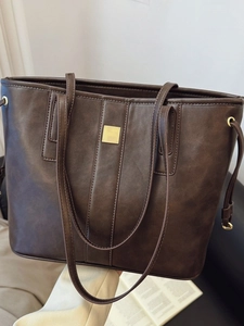 Women Large Capacity PU Leather Tote Bag Fashion Korean Style Retro Shoulder Bag With Metal Square Decor Commuter Bag