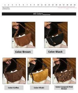 Detail view of crescent crossbody bags in brown black coffee khaki and leopard suede