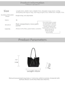 Detailed dimensions of black PU leather tote bag with 42x10x27cm size and inner pouch