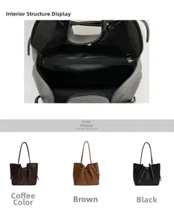 Detail view of large leather tote bag showing internal structure and three color options