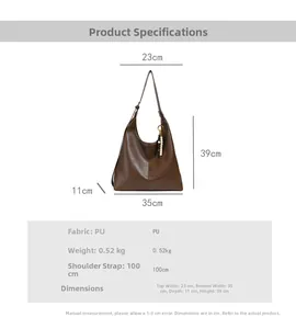 Detailed dimension guide for large brown PU hobo bag with size and strap specifications