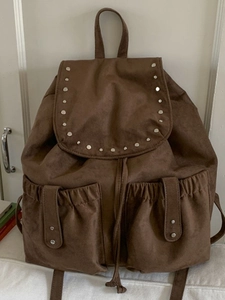 Women Large Capacity Canvas Backpack Casual Retro Rivet Drawstring School Bag Travel Commuting Multi Pocket Shoulder Bag