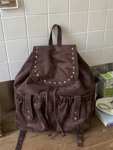 Minimalist large capacity dark brown faux suede backpack with silver rivet details