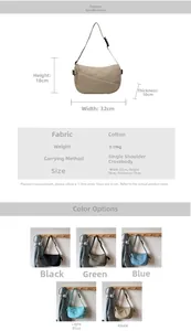 Detailed size dimensions and five color options for this casual fabric crossbody bag