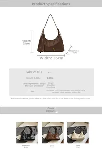 Detailed size specifications for a retro PU leather hobo bag with color options and straps