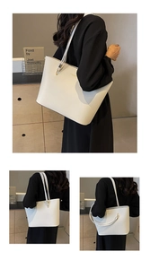 Detailed views of a minimalist white leather tote bag with elegant gold buckle and straps