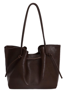 Minimalist large capacity dark coffee tote bag with vintage texture and knotted drawstring