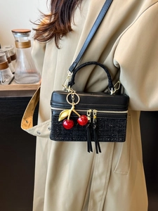 Elegant tweed and black leather mini crossbody bag with cherry charm for daily fashion