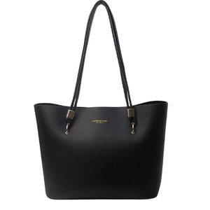 Large black minimalist tote bag in matte leather with gold logo for daily commuting