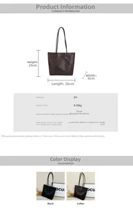 Detailed technical specifications and size chart for the PU leather tote shoulder bag
