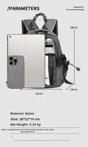 Mini nylon backpack detail with size measurements and comparison with electronics