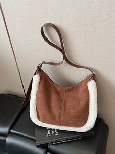 Borsa Sottobraccio in Camoscio da Donna Con Bordo in Pelliccia Sintetica Borsa a Spalla Hobo Vintage Autunno Inverno Tracolla