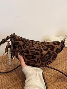 Women Faux Suede Half Moon Crossbody Bag Vintage Leopard Print Croissant Bag With Wooden Bead Charm Casual Shoulder Bag