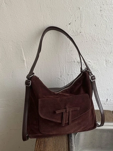 Vintage dark coffee matte leather hobo bag with flap pocket and T-shaped buckle detail