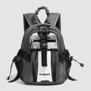 Detail of grey sport backpack featuring front mesh pocket and adjustable buckle straps
