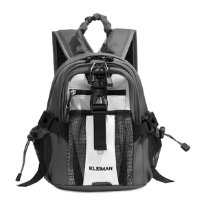 Close-up of grey and white mini backpack with zipper pockets and plastic buckles