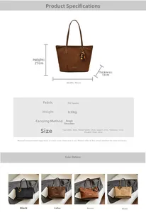 Detailed size chart and multi-color options for this large capacity PU suede tote bag