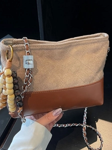 Women's Vintage Patchwork Quilted Bucket Bag Suede PU Leather Diamond Lattice Crossbody Bag With Wood Bead Tassel Chain Strap
