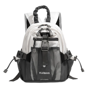 Detailed view of bicolor mini backpack featuring unique pleated handle and side buckles