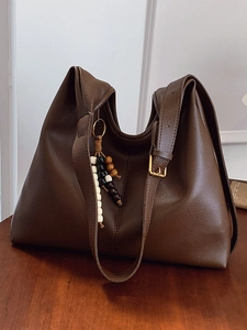 Large Capacity PU Leather Hobo Bag Lychee Pattern Tote Bag With Beaded Tassel For Women Daily Commuting Fashion Shoulder Bag
