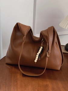 Brown lychee texture large capacity shoulder tote bag with beaded charm pendant
