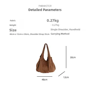 Detailed size specifications for the vintage suede tote bag with dimensions and strap height