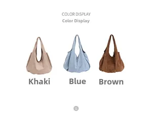 Detailed color display of oversized suede tote bags in khaki, blue, and brown options