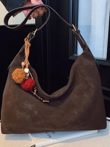Women Large Capacity PU Frosted Crossbody Bag Vintage Hobo Dumpling Shoulder Bag With Pompom Charm Casual Commuting Bag