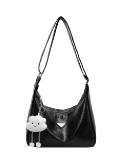 Black ruched faux leather shoulder bag with silver triangle logo and plush cloud charm