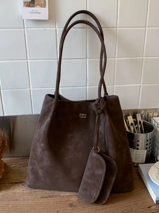 Retro chocolate brown suede tote bag set with shoulder straps and interior pouch