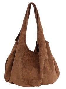Retro large-capacity suede tote bag in dark brown with wide shoulder straps for casual style