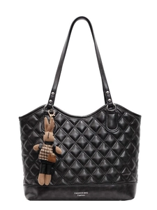 Retro black quilted tote bag in glossy PU leather with cute rabbit pendant and long strap