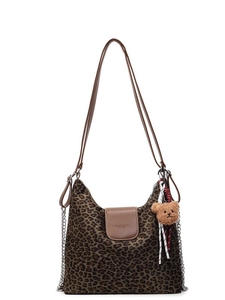 Sac fourre-tout rétro à motif léopard avec bordure en cuir brun et breloque ours